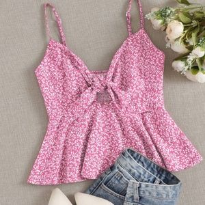 Boho Floral Print Front Tie Cut out Ruffle Hem Cami Top